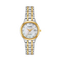 Citizen Eco-Drive ladies watch displaying the mother of pearl dial, diamond accents, and two-tone band.