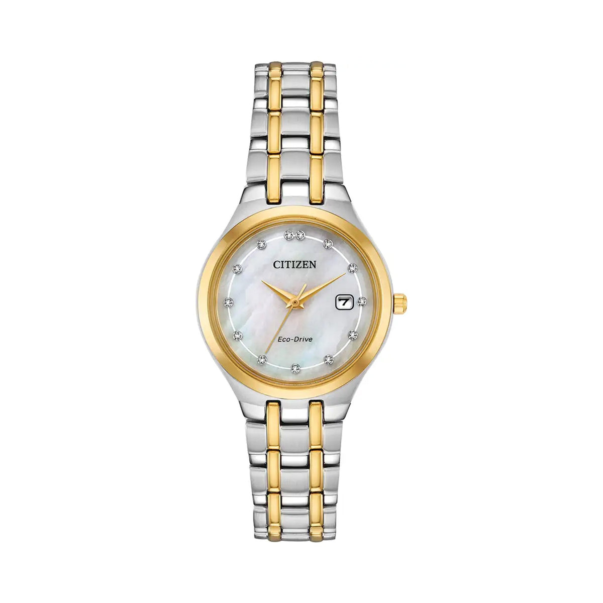 Citizen Eco-Drive ladies watch displaying the mother of pearl dial, diamond accents, and two-tone band.