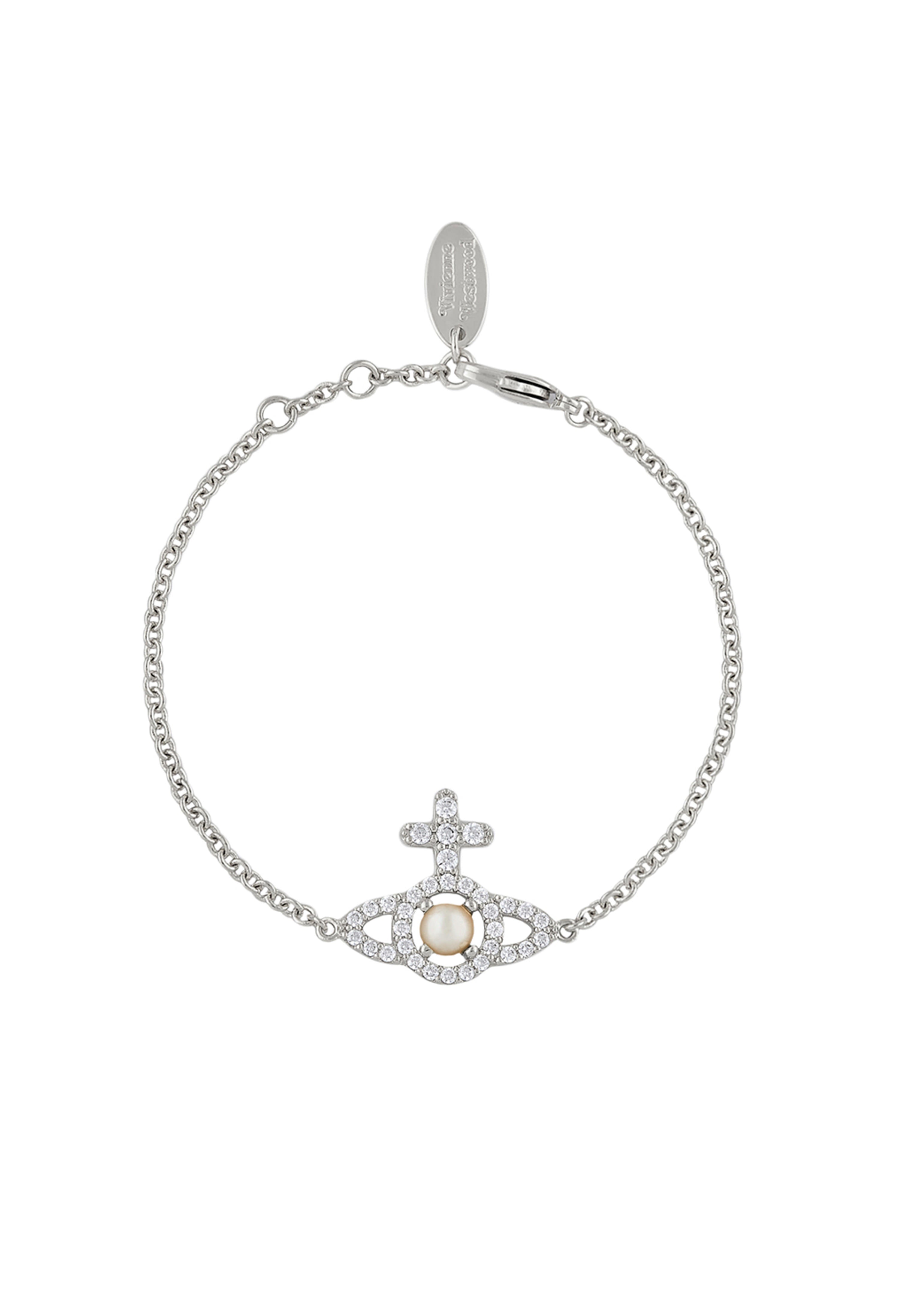 The Vivienne Westwood Olympia Pearl Chain Bracelet, a platinum plated silver bracelet from Vivienne Westwood, available at OD’s Jewellers in St Helens.