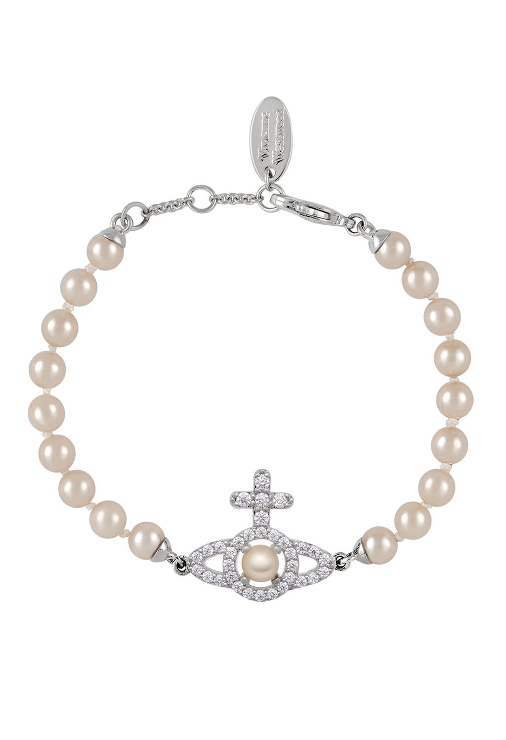 The Vivienne Westwood Cream Rose Pearl Olympia Pearl Bracelet Platinum Plated, a cream platinum-plated bracelet from Vivienne Westwood, available at OD’s Jewellers in St Helens.