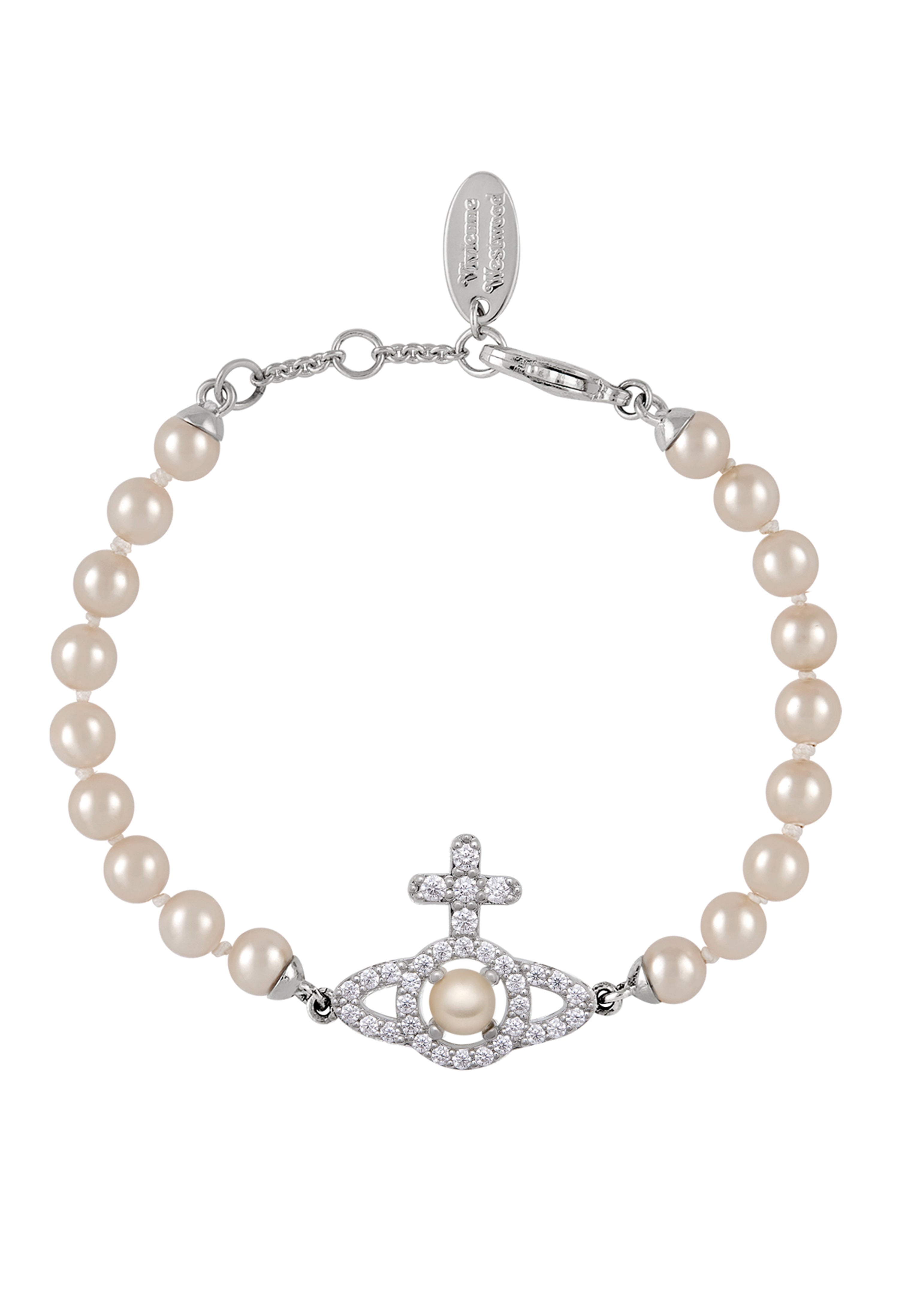 The Vivienne Westwood Cream Rose Pearl Olympia Pearl Bracelet Platinum Plated, a cream platinum-plated bracelet from Vivienne Westwood, available at OD’s Jewellers in St Helens.