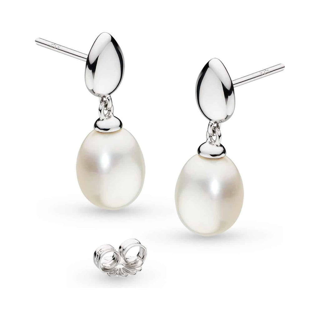 Sterling silver pearl drop earrings, showcasing design details. Elegant jewelry by Kit Heath Coast Pebble collection.