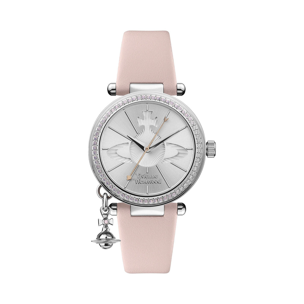 Vivienne Westwood watch featuring a silver dial, pastel pink strap, and orb charm, highlighting the designer's signature
