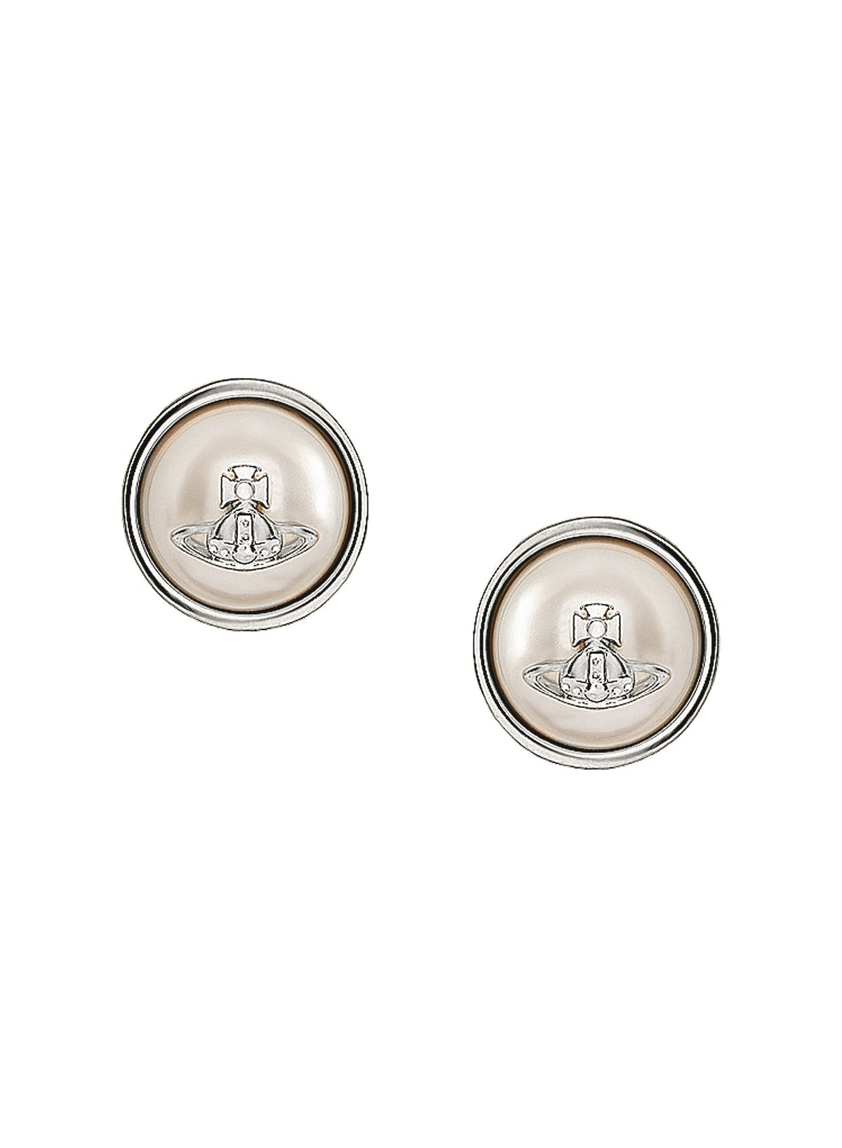 The Vivienne Westwood Olga Pearl Earrings, a cream pearl platinum-plated earrings from Vivienne Westwood, available at OD’s Jewellers in St Helens.