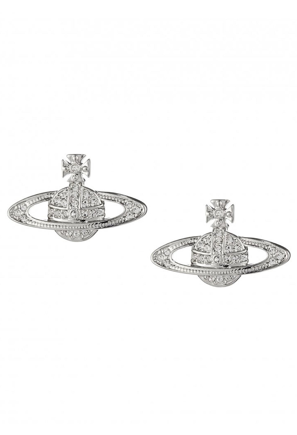 Close-up of Vivienne Westwood Mini Bas Relief earrings. Platinum-tone orb jewelry with encrusted crystal accents.