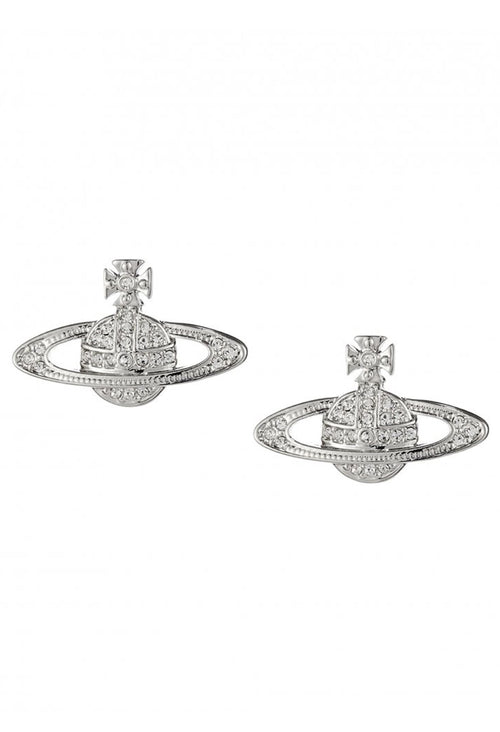 Close-up of Vivienne Westwood Mini Bas Relief earrings. Platinum-tone orb jewelry with encrusted crystal accents.