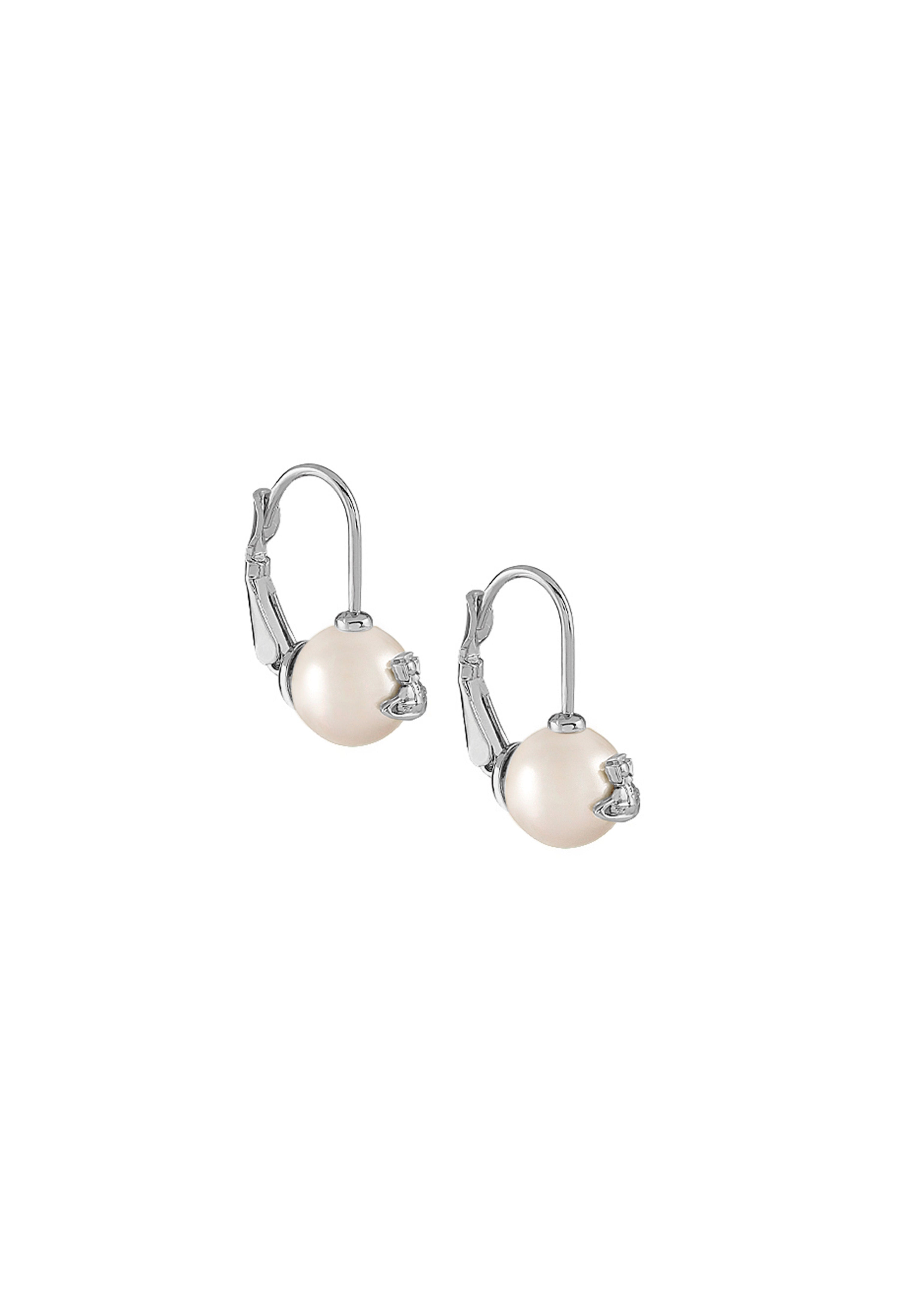 Cream pearl earrings by Vivienne Westwood, platinum plated. Subtle, classic jewelry for everyday wear.