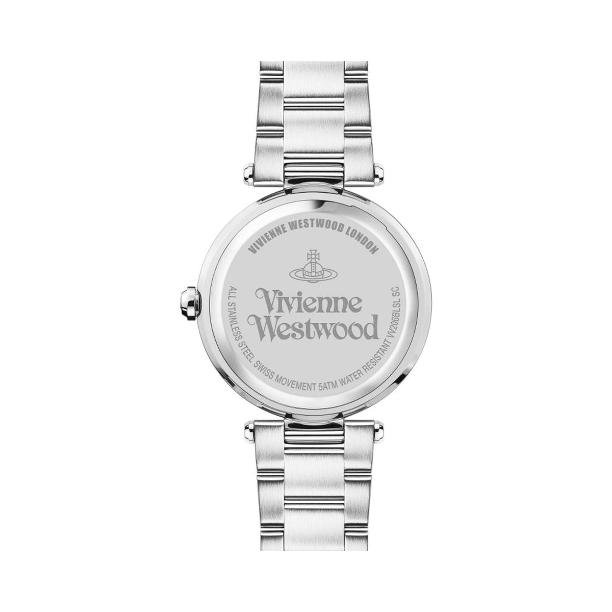 Back casing of Vivienne Westwood watch detailing "Vivienne Westwood London," "All Stainless Steel Swiss Movement 5ATM Water