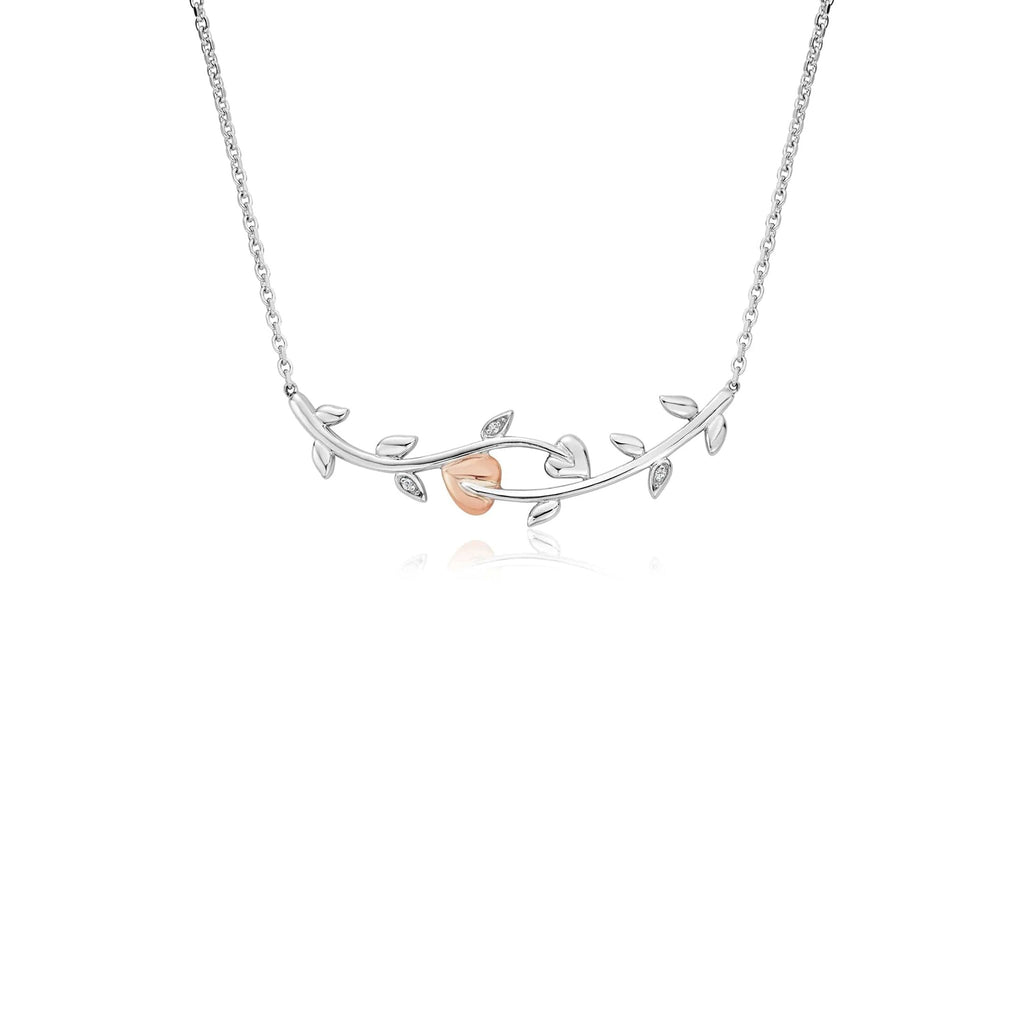Sterling silver Clogau Tree Of Life necklace. Vine design with rose gold accents, conveying timeless elegance and