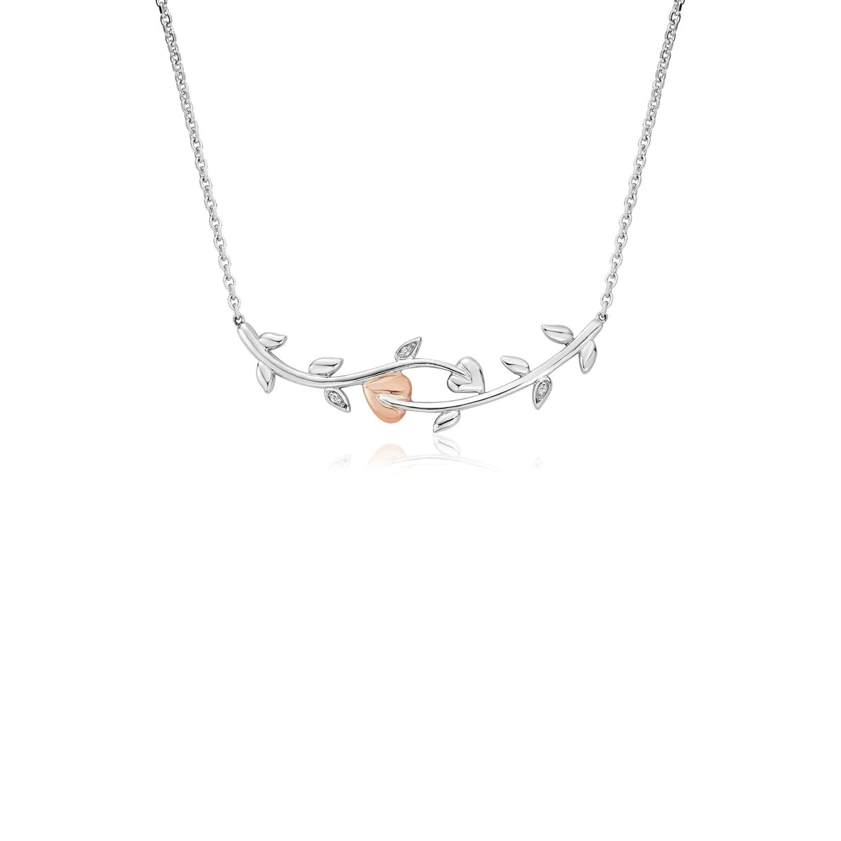 Sterling silver Clogau Tree Of Life necklace. Vine design with rose gold accents, conveying timeless elegance and