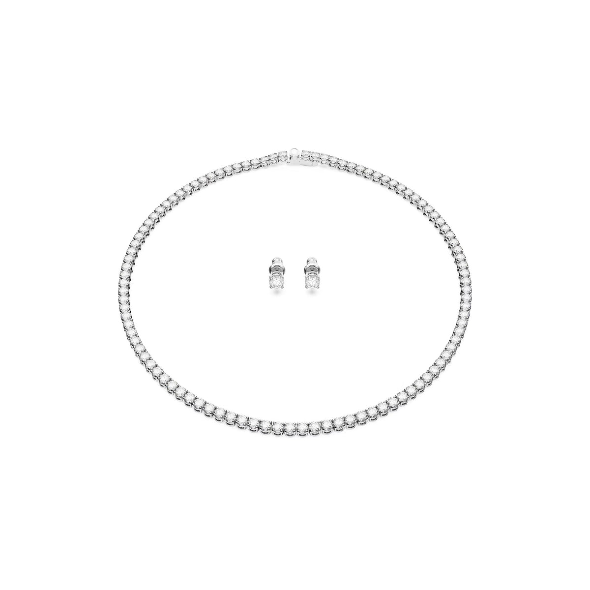 The Swarovski Matrix Tennis Necklace & Earrings set, silver rhodium-plated, from Swarovski, at OD’s Jewellers in St Helens.