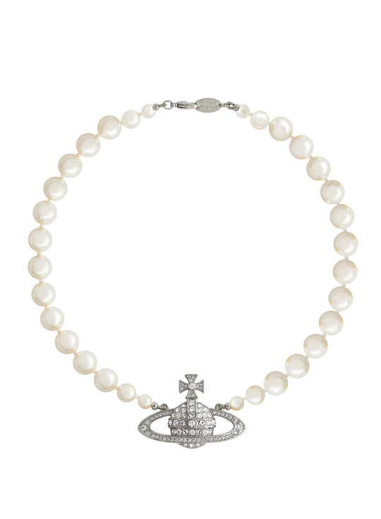 Vivienne Westwood Platinum Plated One Row Pearl Bas Relief Choker Necklace