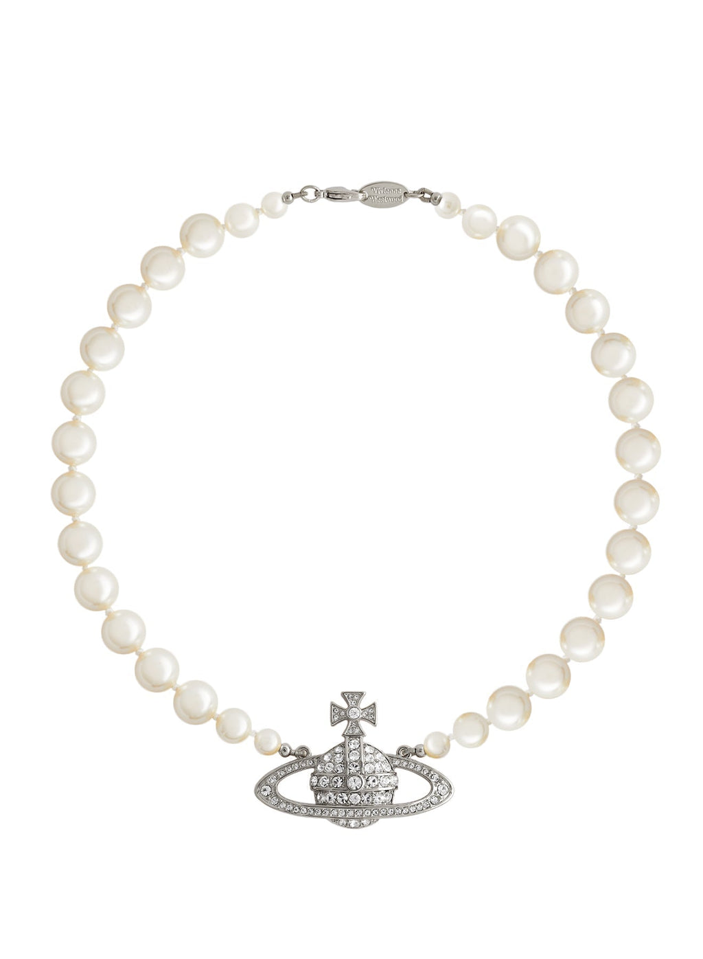 Vivienne Westwood pearl choker necklace featuring orb pendant in silver with crystal embellishments.