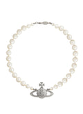 Vivienne Westwood pearl choker necklace featuring orb pendant in silver with crystal embellishments.