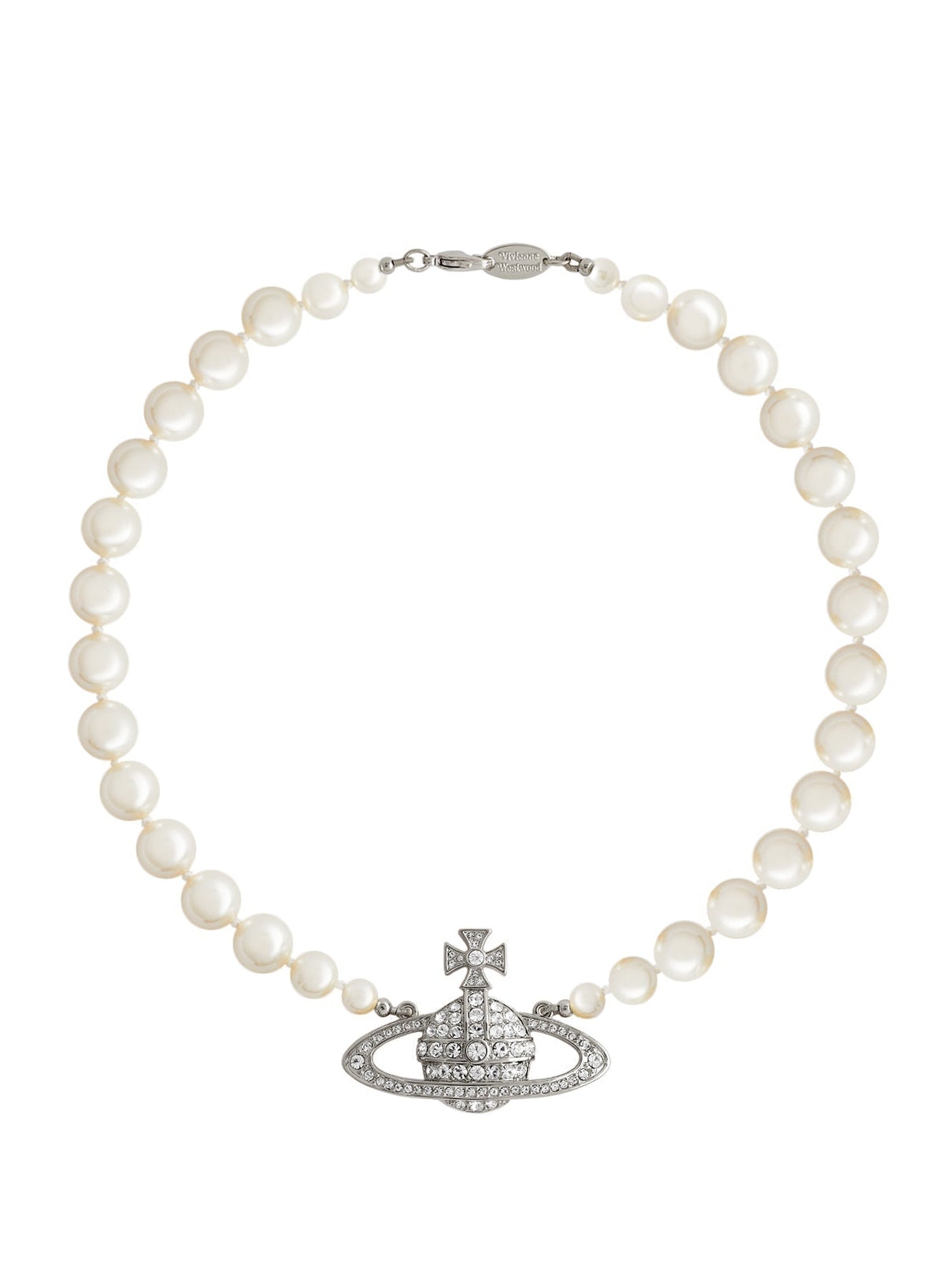 Vivienne Westwood pearl choker necklace featuring orb pendant in silver with crystal embellishments.