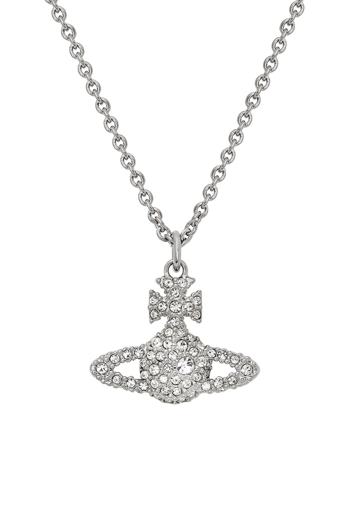 The Vivienne Westwood Grace Bas Relief Crystal Pendant-Platinum Plated, a platinum plated necklace from Vivienne Westwood, available at OD’s Jewellers in St Helens.
