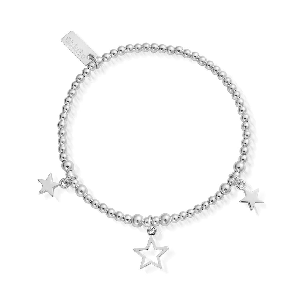 ChloBo star bracelet with 925 sterling silver beads and three star charms dangling.