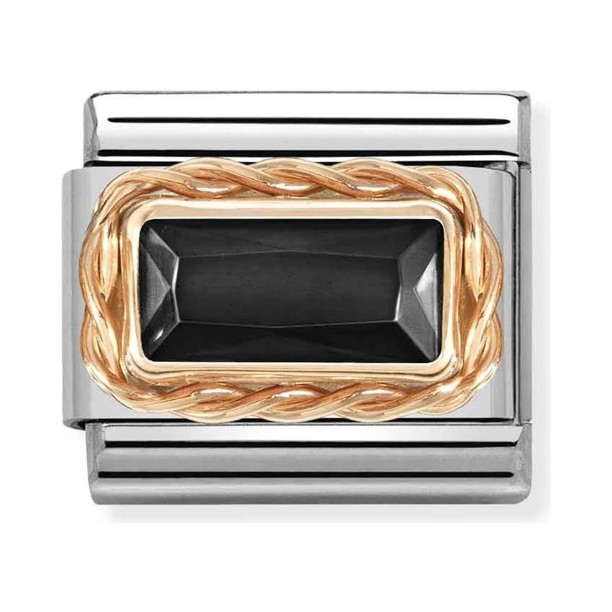 Nomination Composable link with a black baguette stone and braided 9K rose gold detailing.
