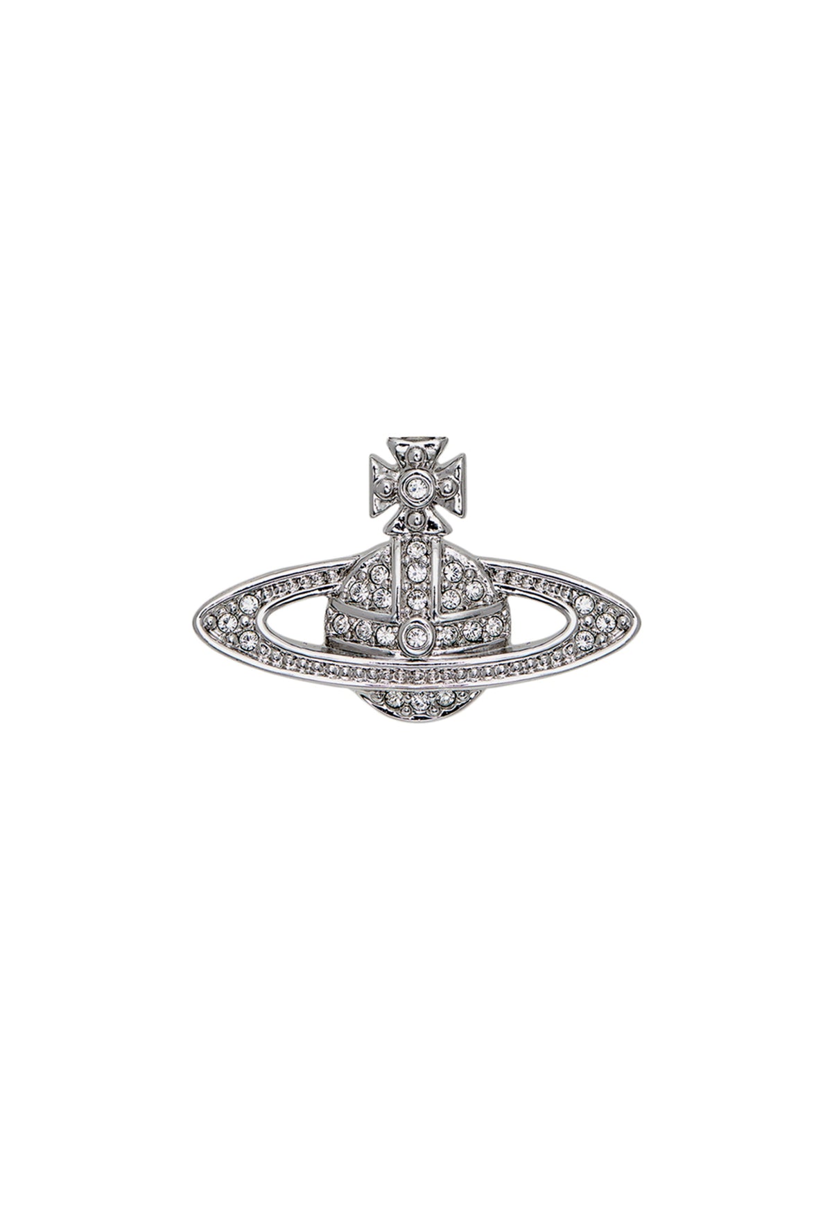 The Vivienne Westwood Mini Bas Relief Clutch Pin, platinum plated metal brooch from Vivienne Westwood, OD’s Jewellers, St Helens