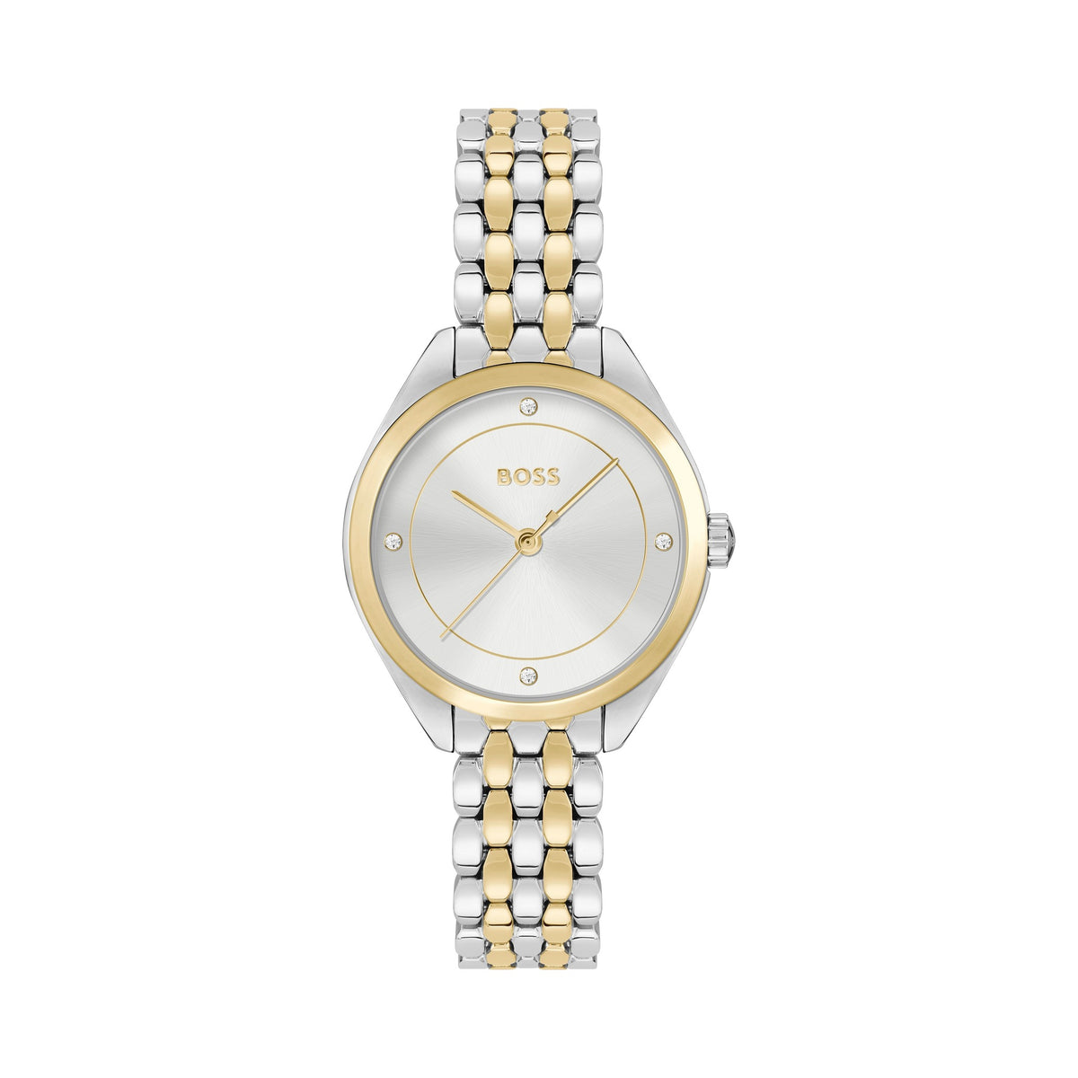 Boss Ladies Mae watch featuring a two-tone silver and gold bracelet with "BOSS" branding on the dial.