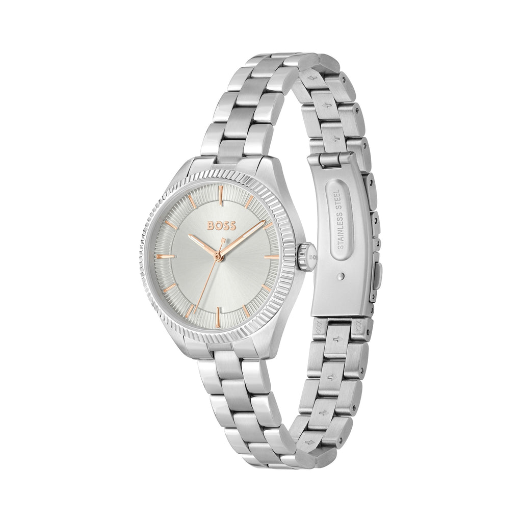 Boss ladies watch with silver dial & stainless steel bracelet, showcasing style and precision timekeeping.