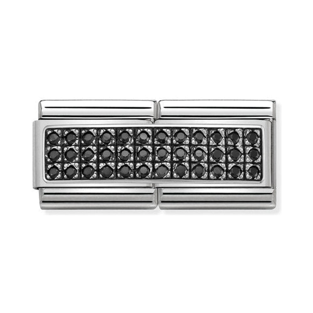 Nomination bracelet link featuring black pavé zirconia. Close-up view of jewelry detail.