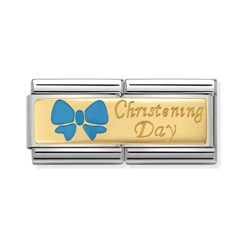 Christening charm for Nomination bracelet featuring light blue bow & "Christening Day" text, perfect gift.