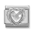 Nomination charm featuring a silver heart set with cubic zirconia; part of a composable bracelet.