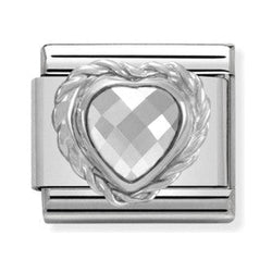 Nomination charm featuring a silver heart set with cubic zirconia; part of a composable bracelet.