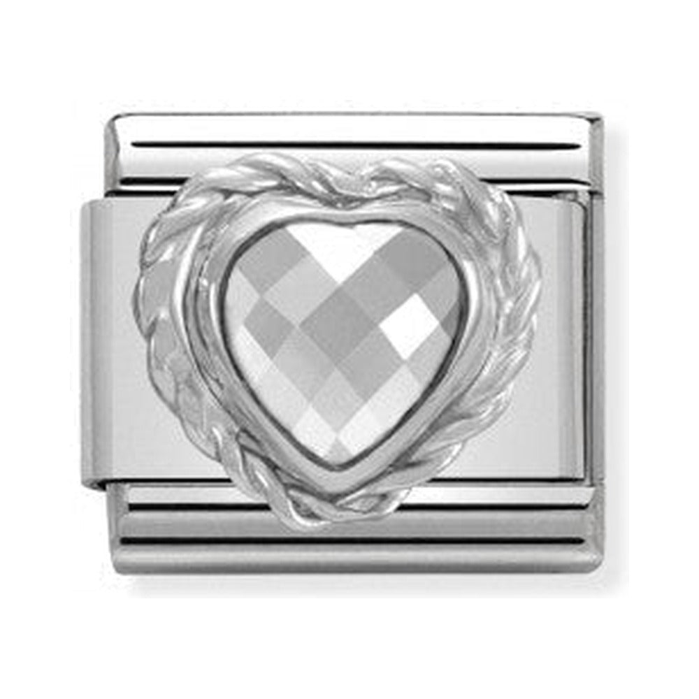 Nomination charm featuring a silver heart set with cubic zirconia; part of a composable bracelet.