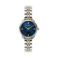 Close-up of a silver and gold Olivia Burton wristwatch with a blue and purple marbled face.