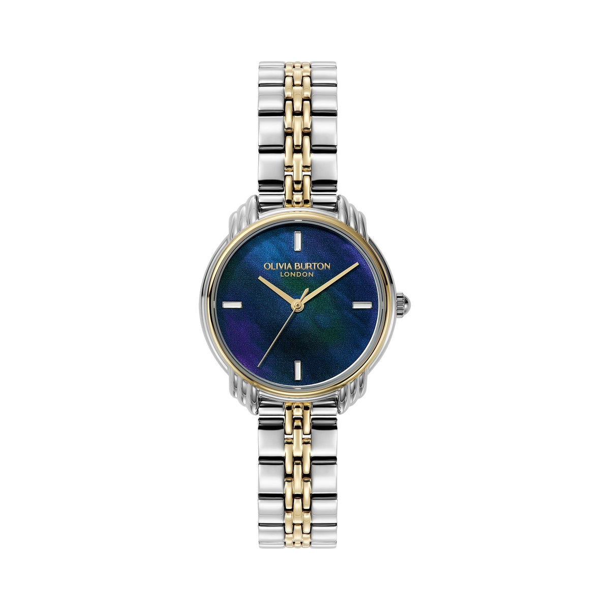 Close-up of a silver and gold Olivia Burton wristwatch with a blue and purple marbled face.