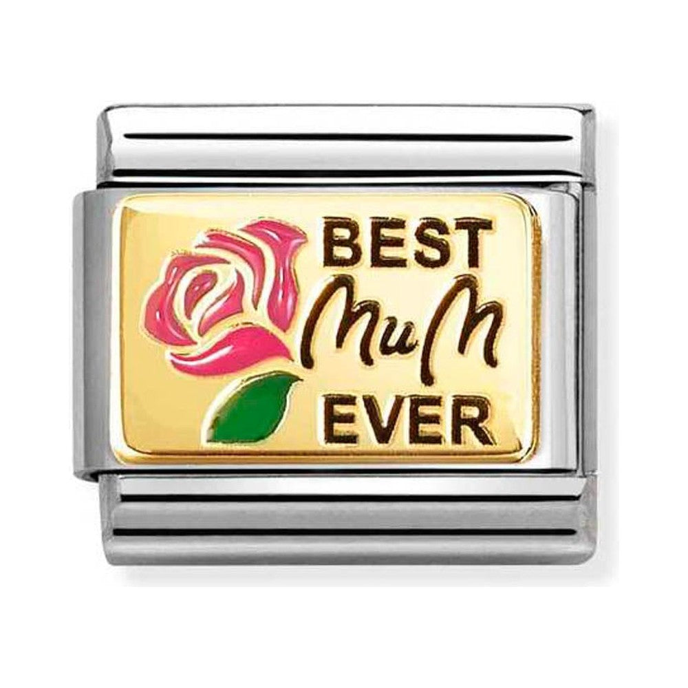 Silver and gold charm with a pink rose and the words "Best Mum Ever".

