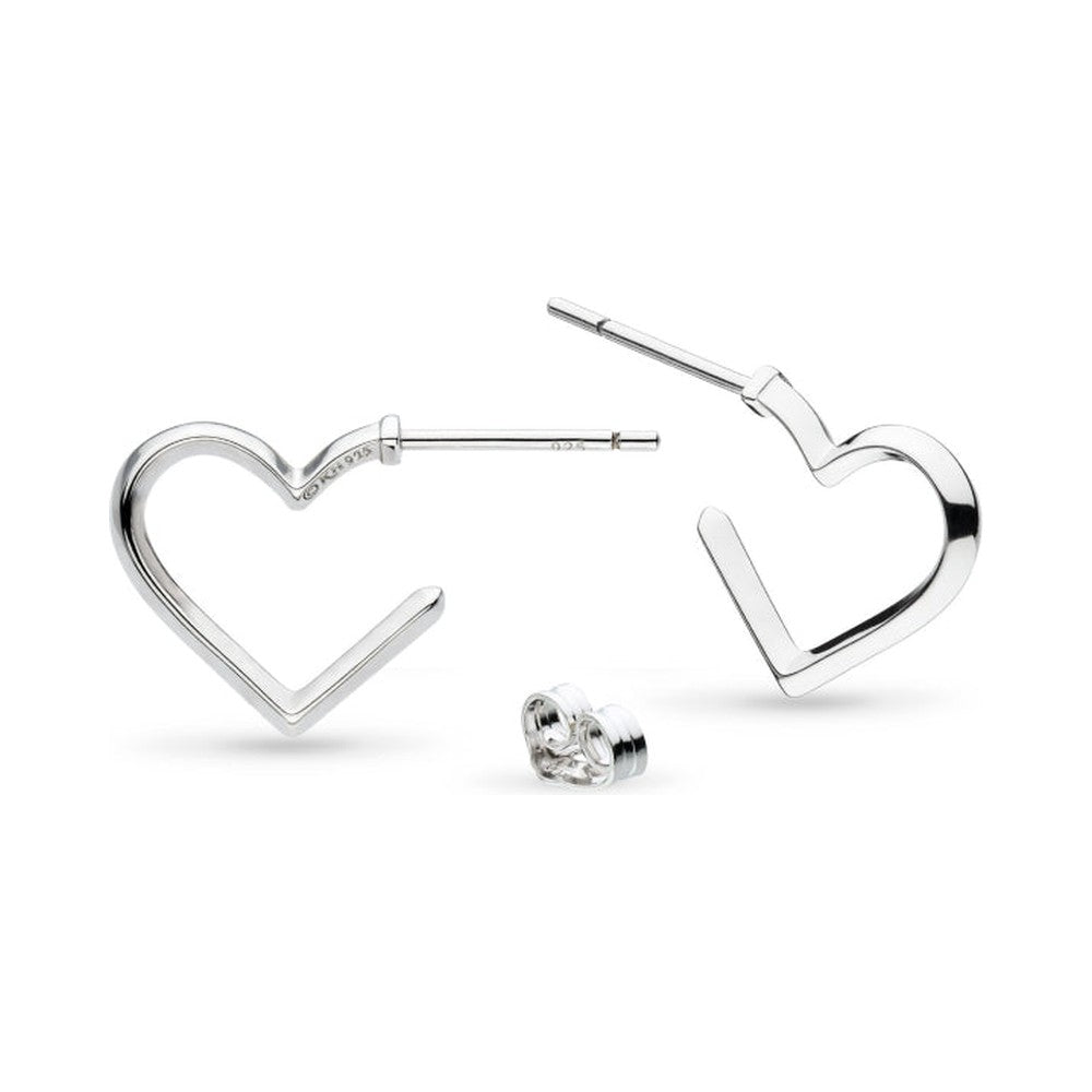Kit Heath Love Silver Heart Fine Outline Semi Hoop Stud Earrings