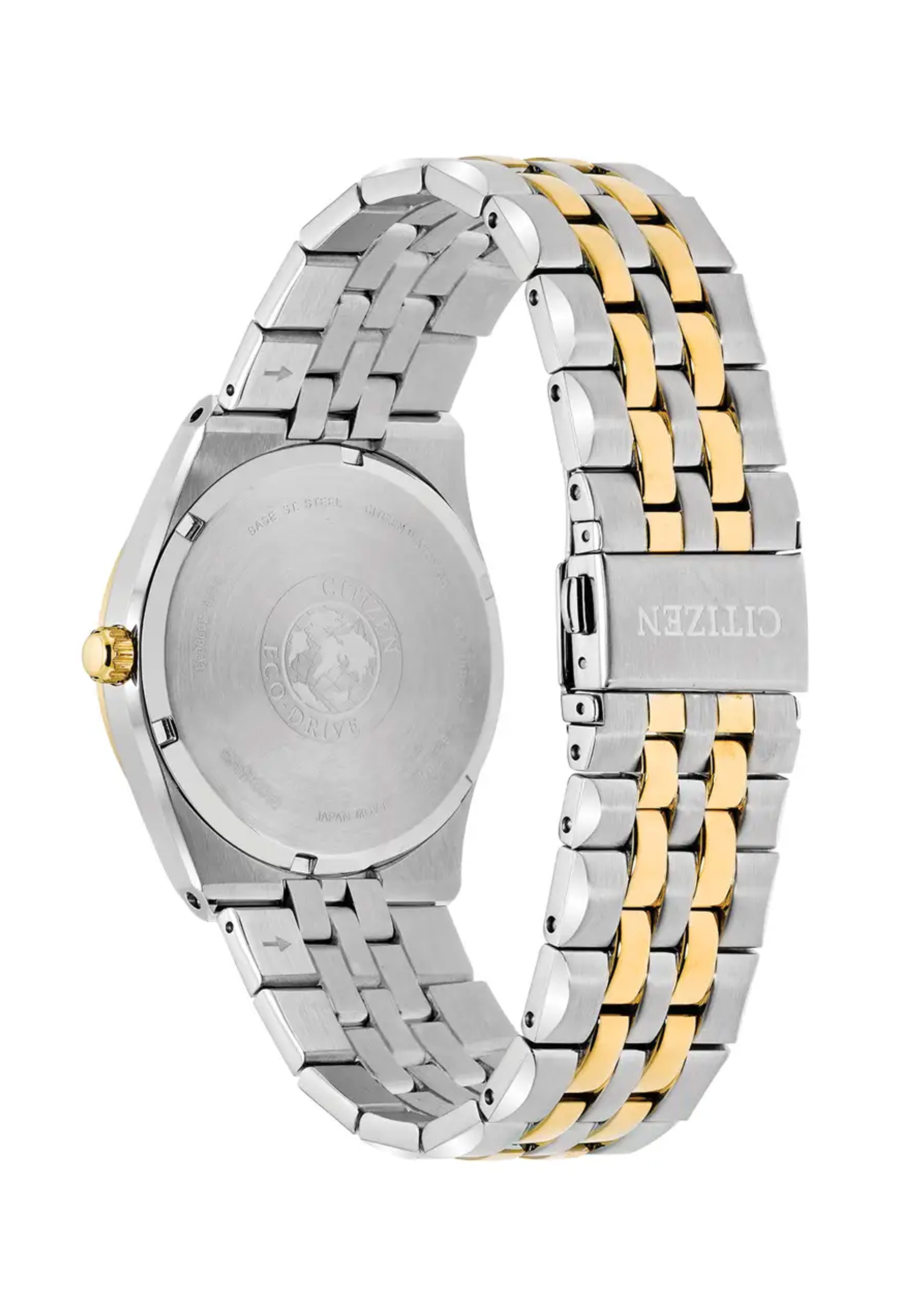Back view of Citizen Corso Eco-Drive watch showcasing stainless steel and gold-tone bracelet and Eco-Drive technology.