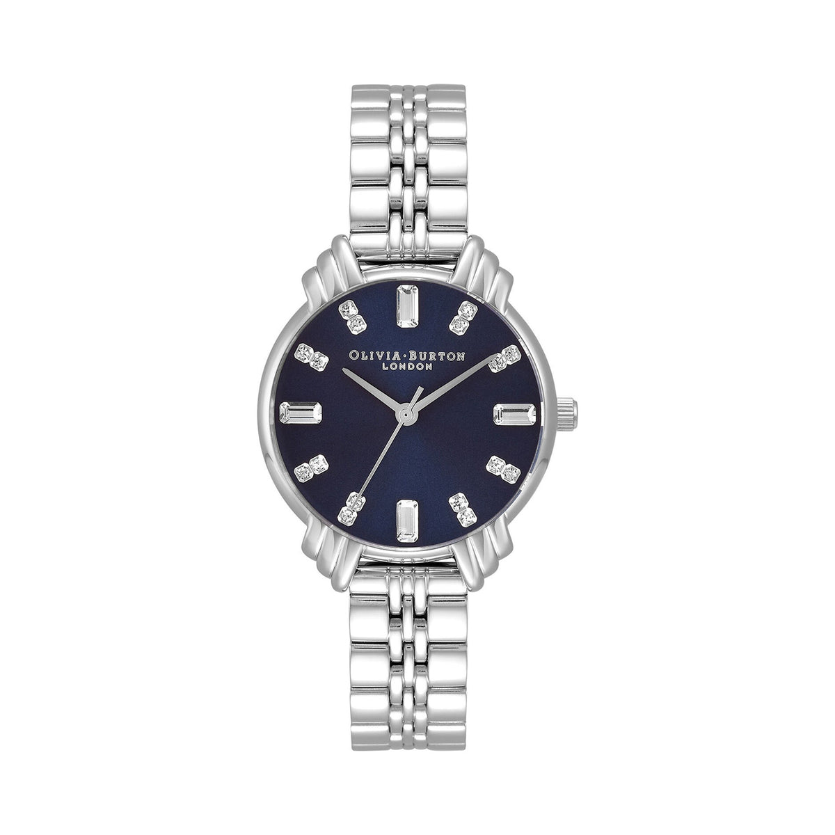 Olivia Burton watch showcasing its navy dial, art deco style details, and stainless steel bracelet.