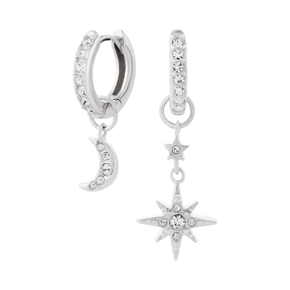 Silver Olivia Burton hoop earrings featuring celestial moon and star charms, studded with crystals.