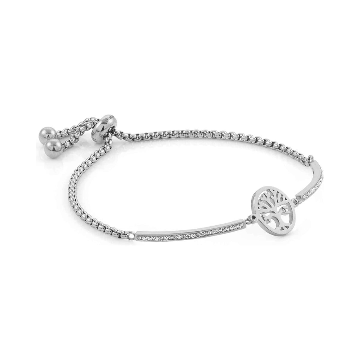 Stainless steel Nomination Tree of Life bracelet. Adjustable Milleluci bracelet detail showing tree symbol.