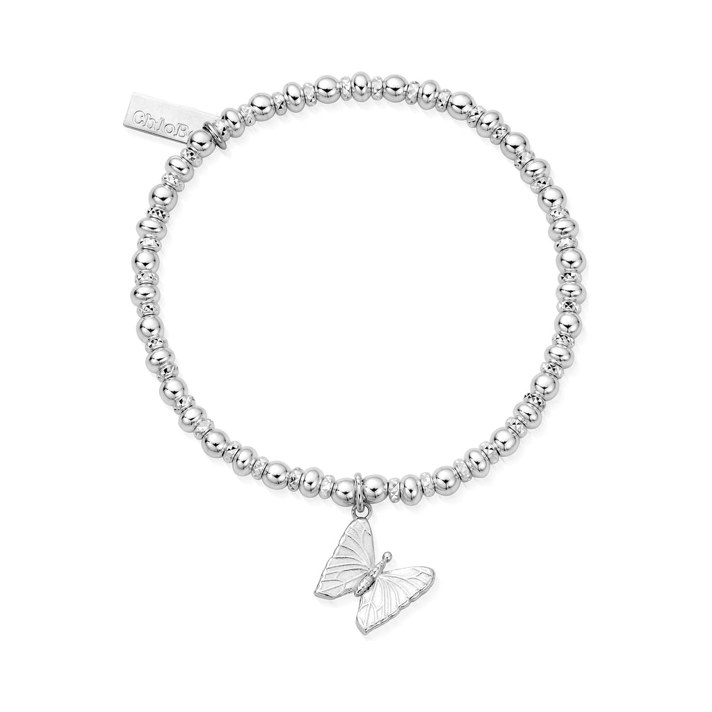 Sterling silver ChloBo bracelet featuring small beads, sparkle accents, and a butterfly charm.