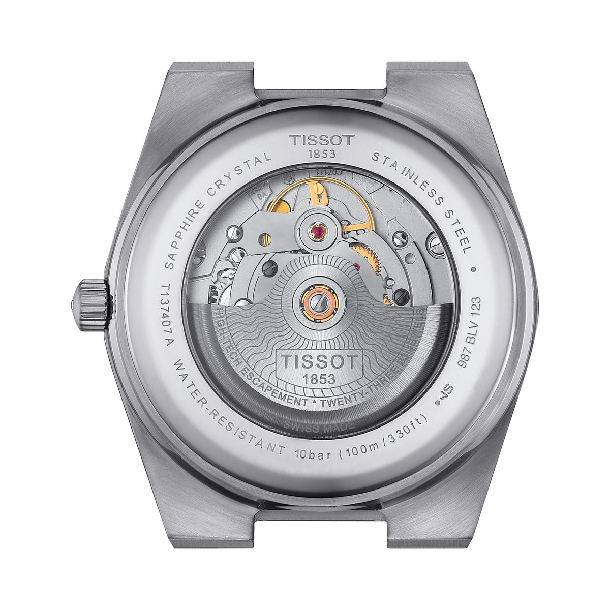 Tissot PRX Powermatic 80 watch movement detail: Sapphire crystal, stainless steel, T137407A, Swiss made, 10bar