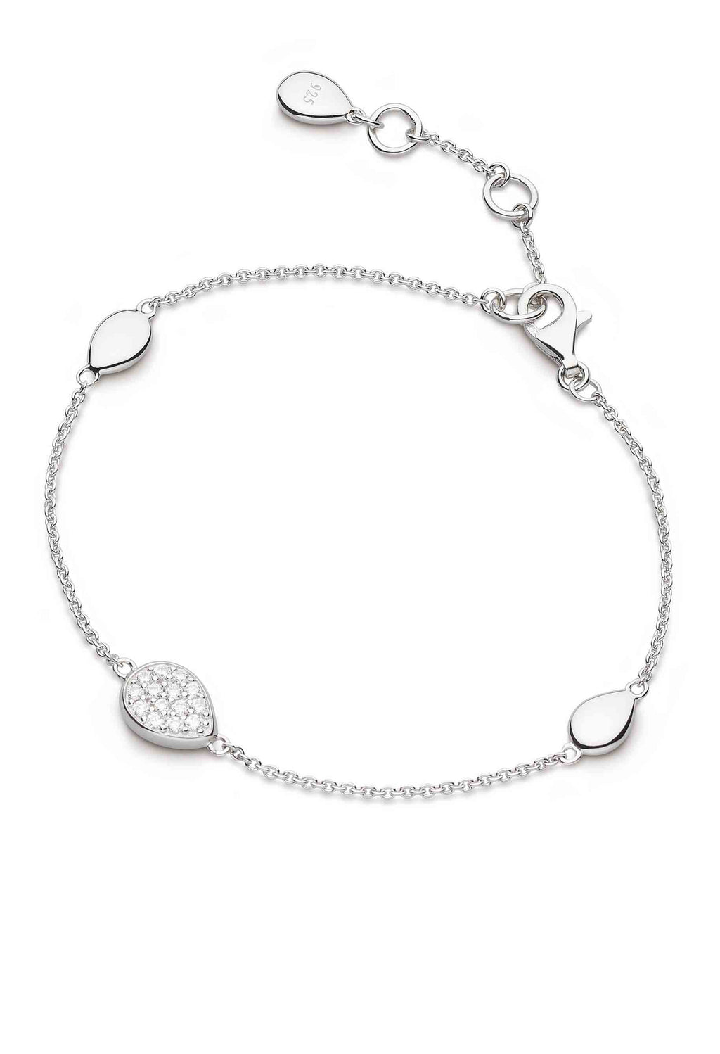 Elegant silver bracelet from Kit Heath featuring pebble accents, pave CZ detail, and adjustable chain for comfortable wear.