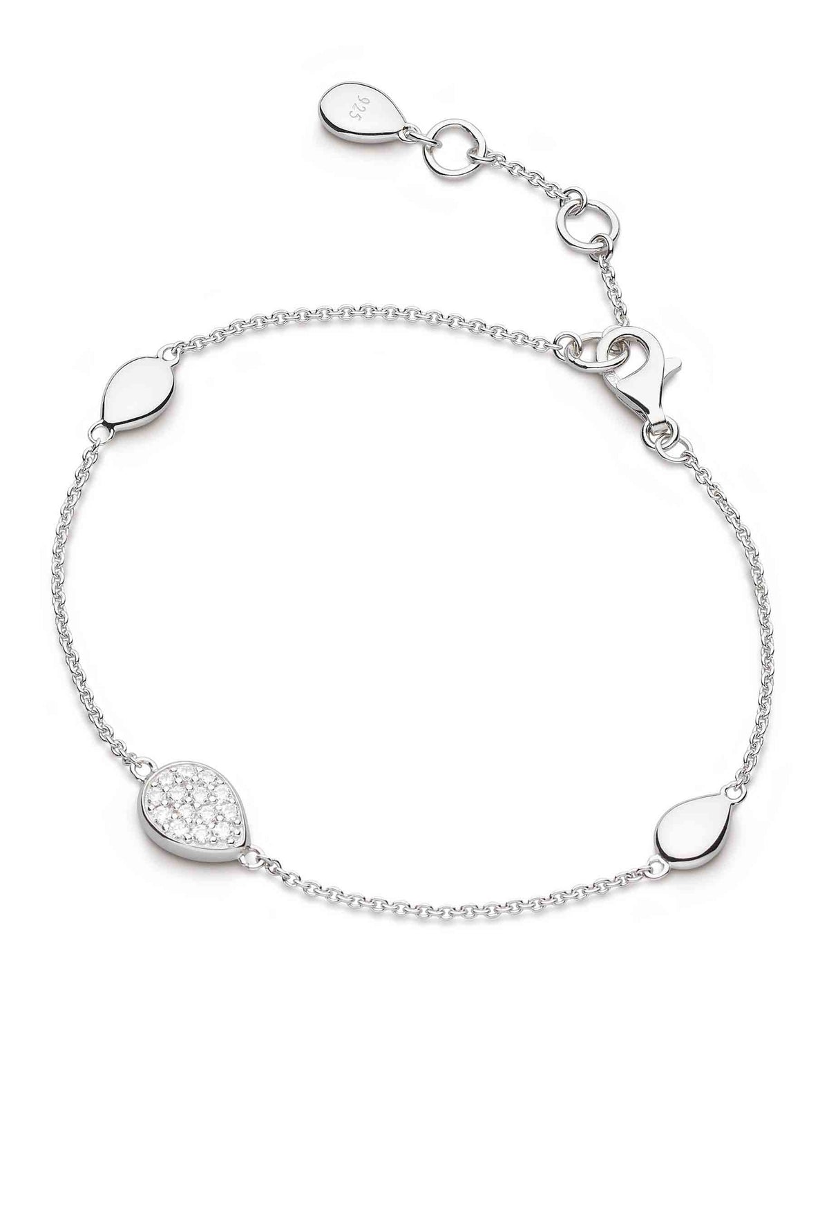 Elegant silver bracelet from Kit Heath featuring pebble accents, pave CZ detail, and adjustable chain for comfortable wear.