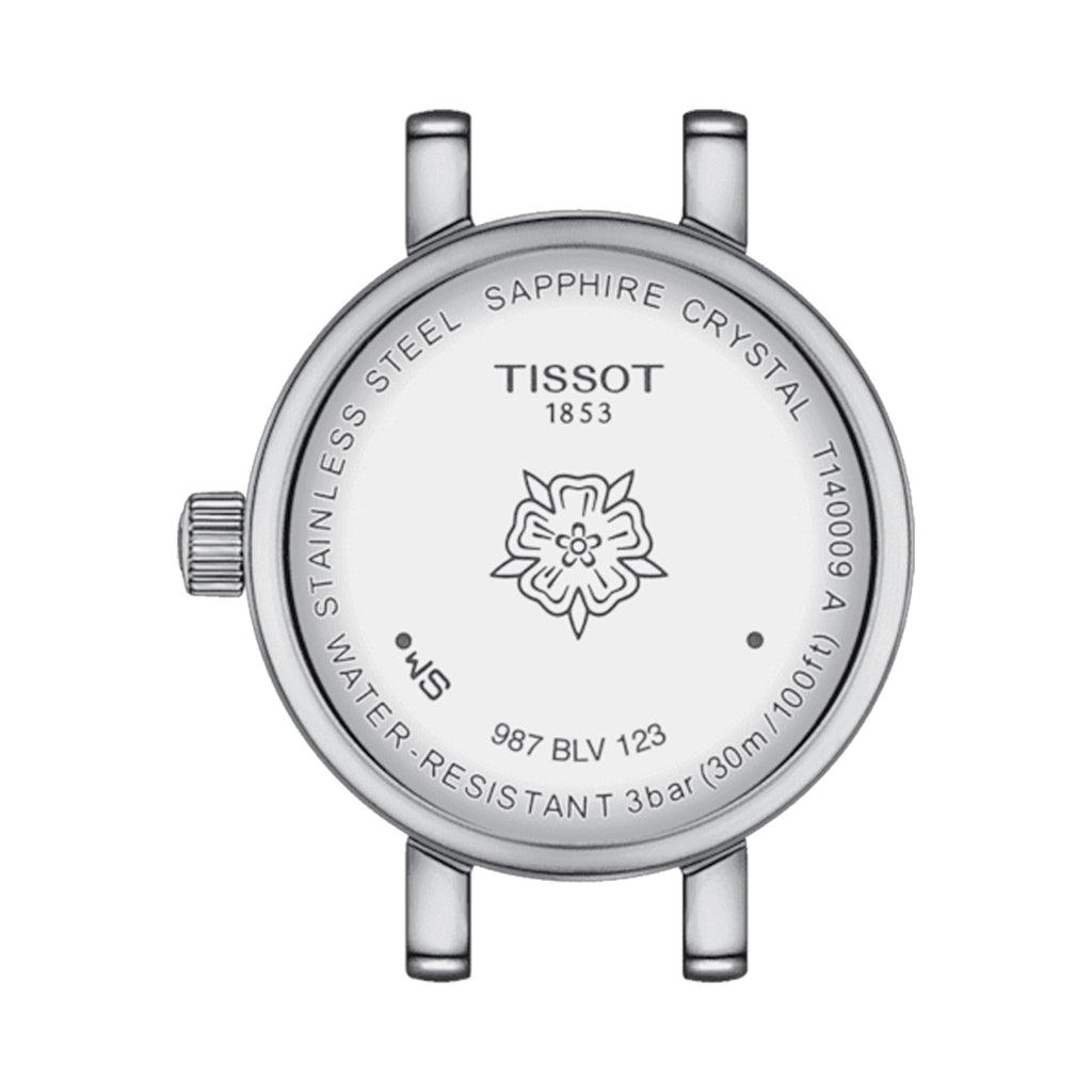 Tissot watch caseback detail: stainless steel, sapphire crystal, water resistant 3bar (30m/100ft), model T140009A.