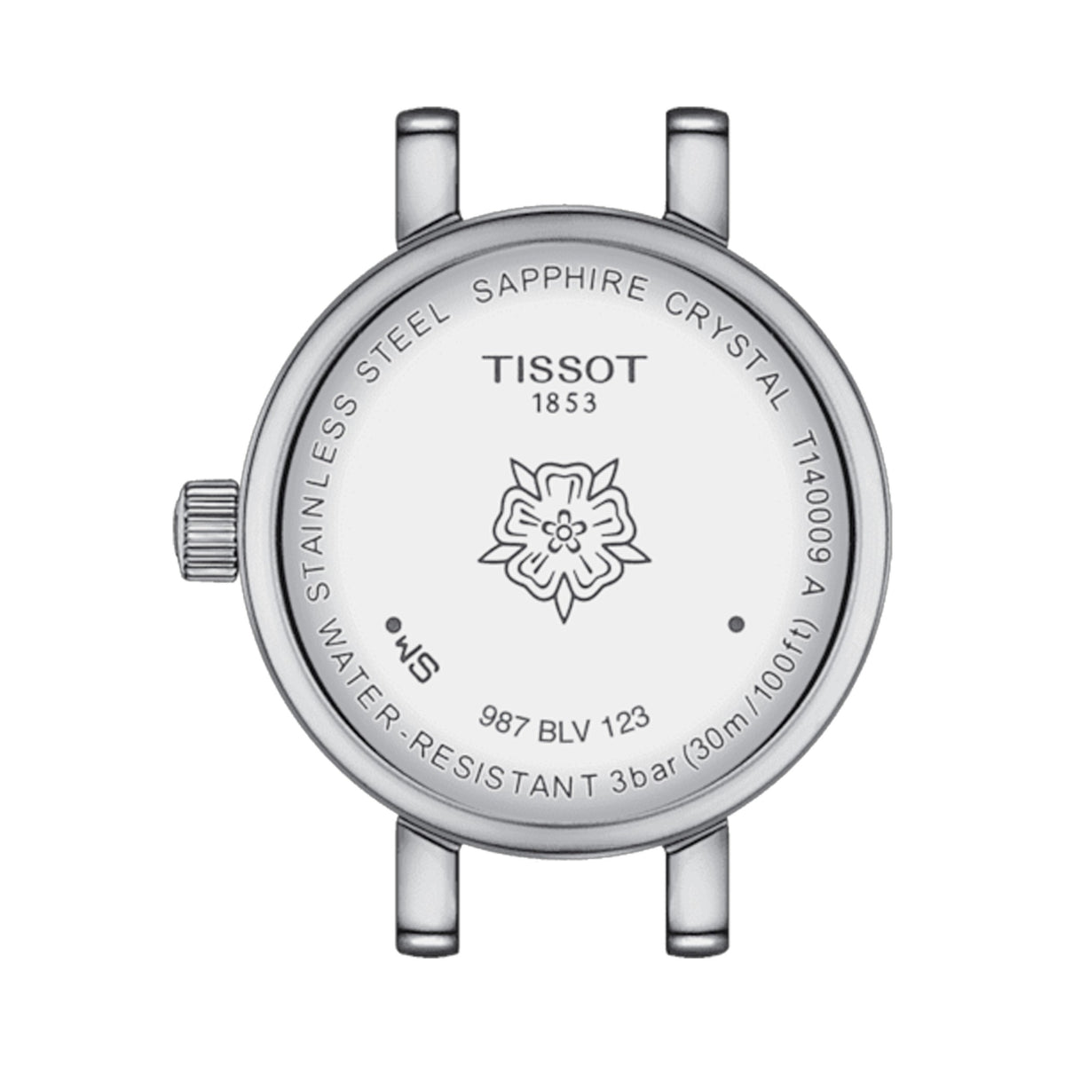 Tissot watch caseback detail: stainless steel, sapphire crystal, water resistant 3bar (30m/100ft), model T140009A.