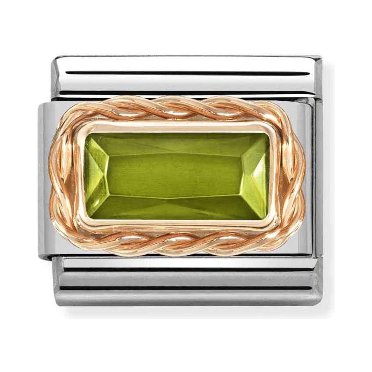 Nomination Composable link with a faceted green Peridot gemstone set in 9K rose gold. A stylish bracelet charm.
