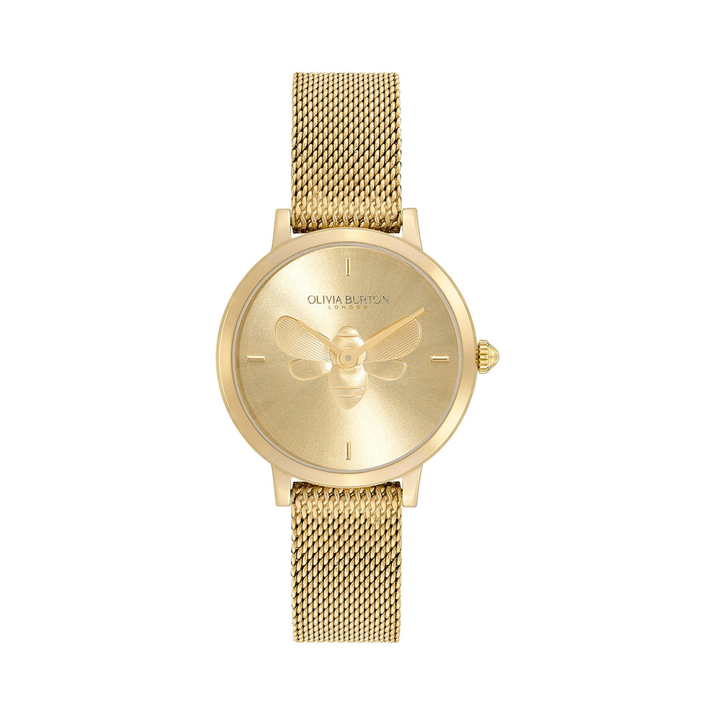 Close-up of Olivia Burton gold watch featuring a delicate bee design; stylish ladies' time piece. OLIVIA BURTON LONDON on