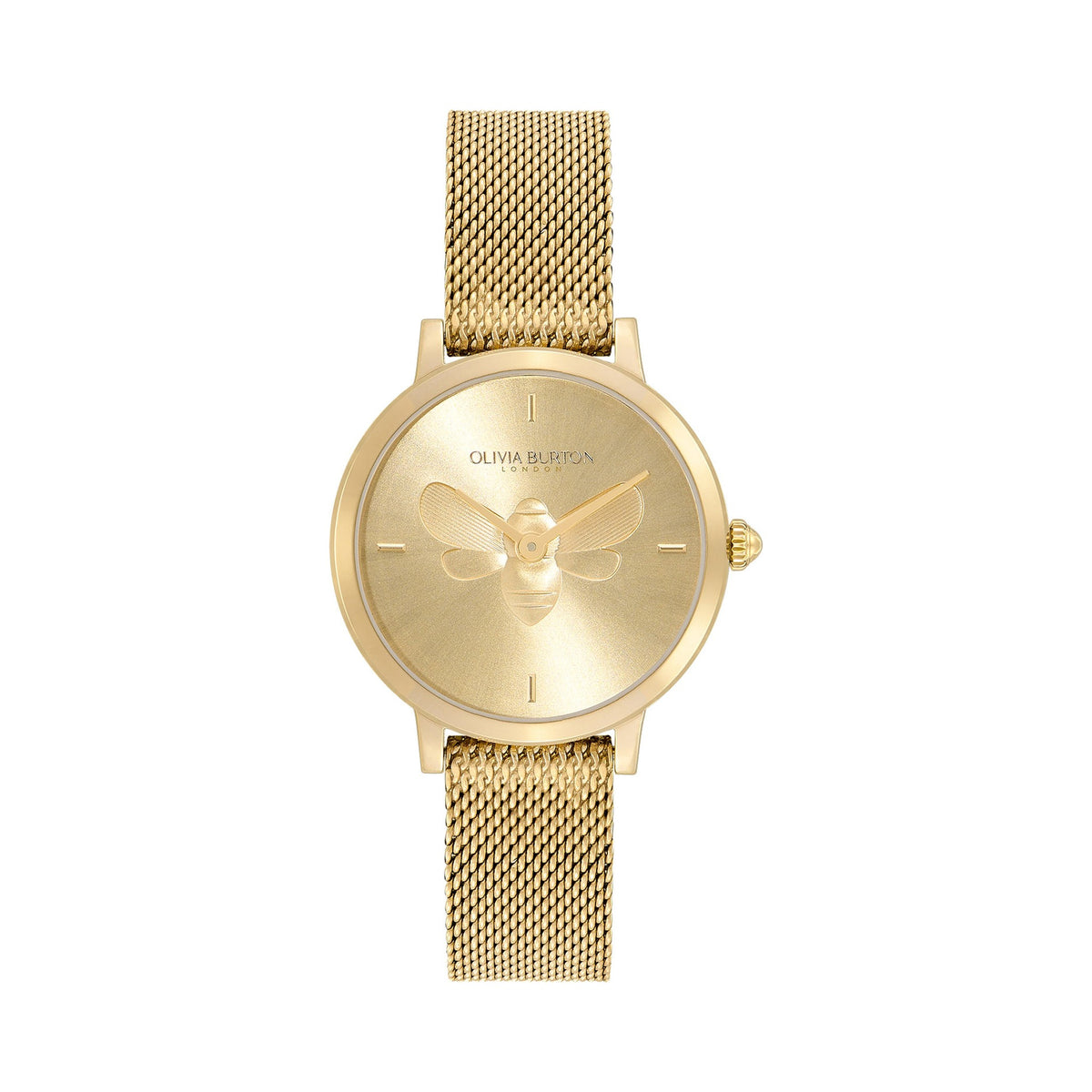 Close-up of Olivia Burton gold watch featuring a delicate bee design; stylish ladies' time piece. OLIVIA BURTON LONDON on
