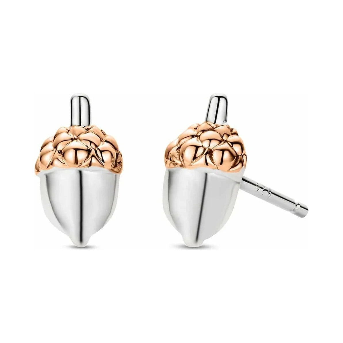 Acorn-shaped silver and gold stud earrings.