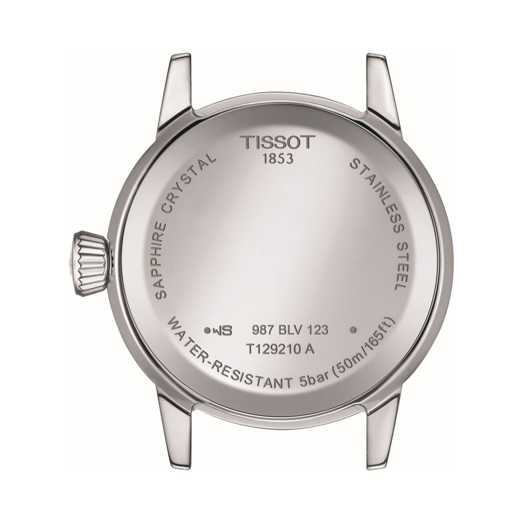 Watch caseback detail showing Tissot's stainless steel, water-resistant, and sapphire crystal construction. Model T129210A.