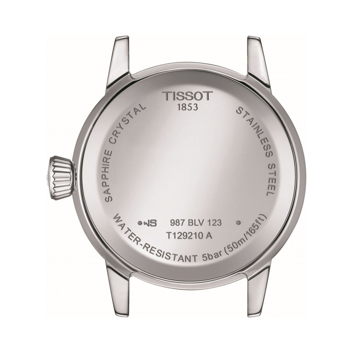 Watch caseback detail showing Tissot's stainless steel, water-resistant, and sapphire crystal construction. Model T129210A.